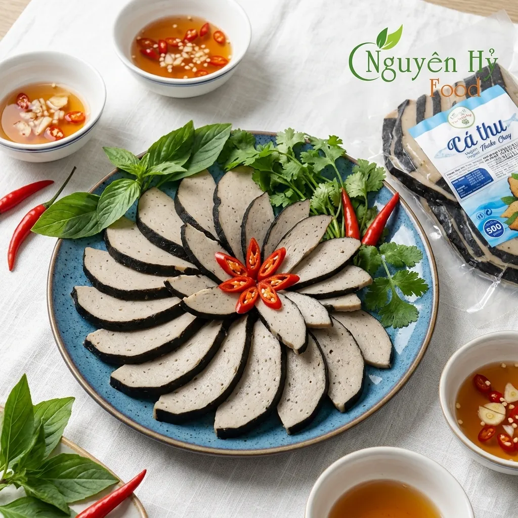 Cá thu chay Nguyên Hỷ được trình bày cùng rau thơm và nước chấm